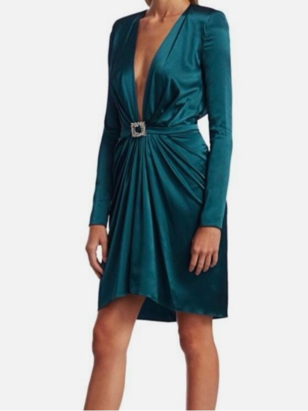 Alexander Vauthier Teal Satin V-Neck Mini Dress with Jeweled Waist